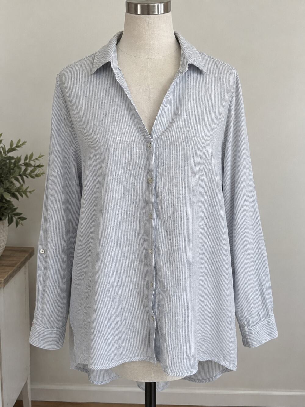 Tahari 100% Linen Striped Button Down Shirt Tunic Womens Size XL Roll Tab Blue